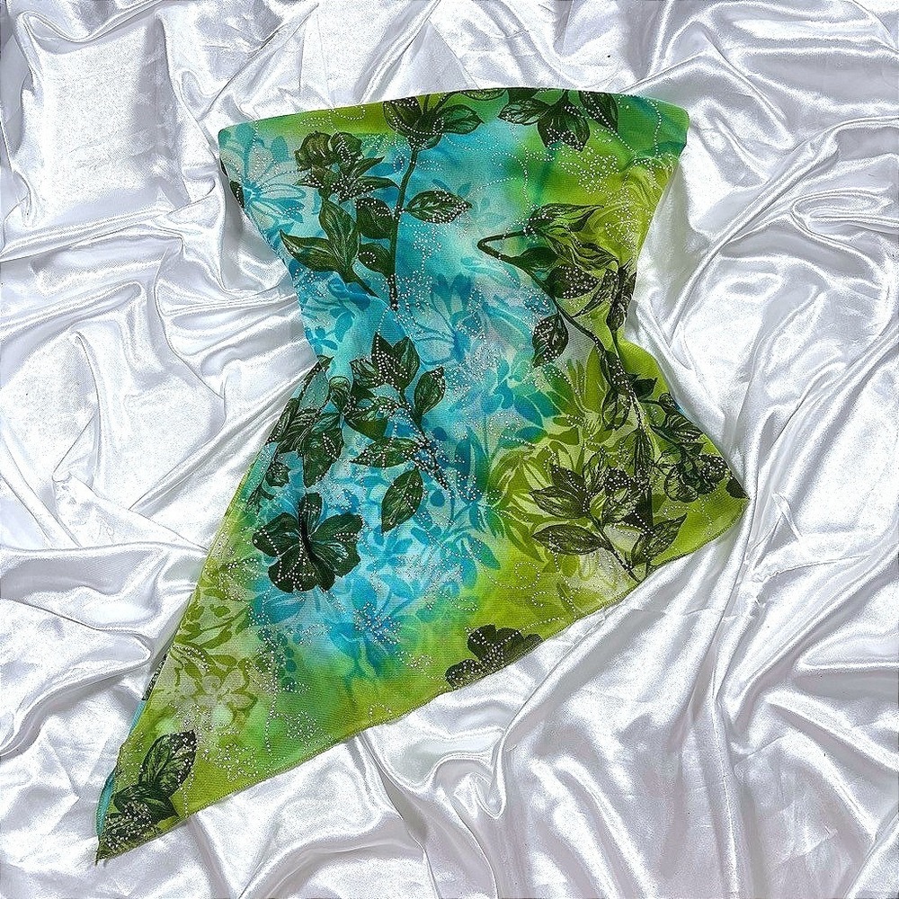 y2k Pimkie Handkerchief Tube Top Green Turquoise Excellent Glitter Mesh Floral